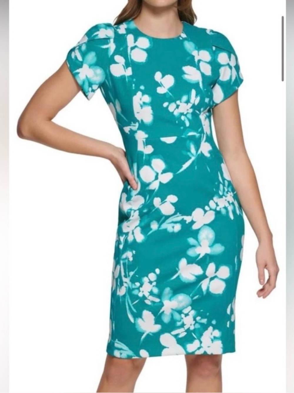Calvin Klein Tulip-Sleeve Teal/White  Floral Sheath Dress- Sz 4- NWT ($159)!
